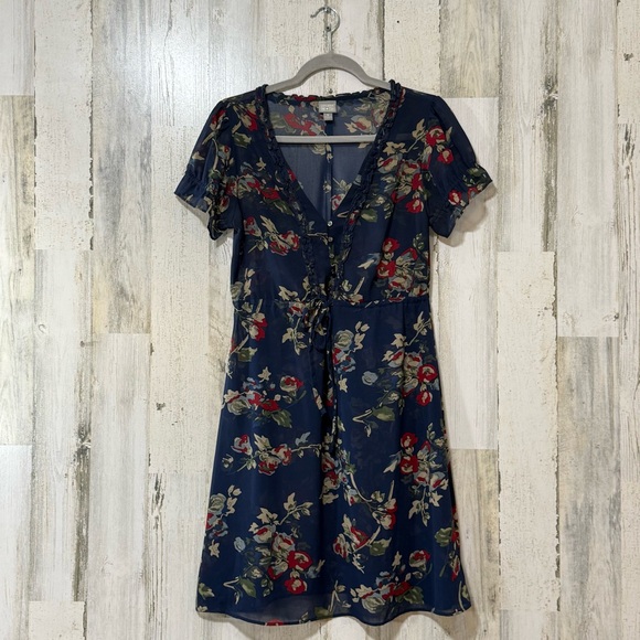 Converse All Stars Dresses & Skirts - Sheer Mini Dress Cinched Waist Small Ruffle Details Neckline in Floral Navy